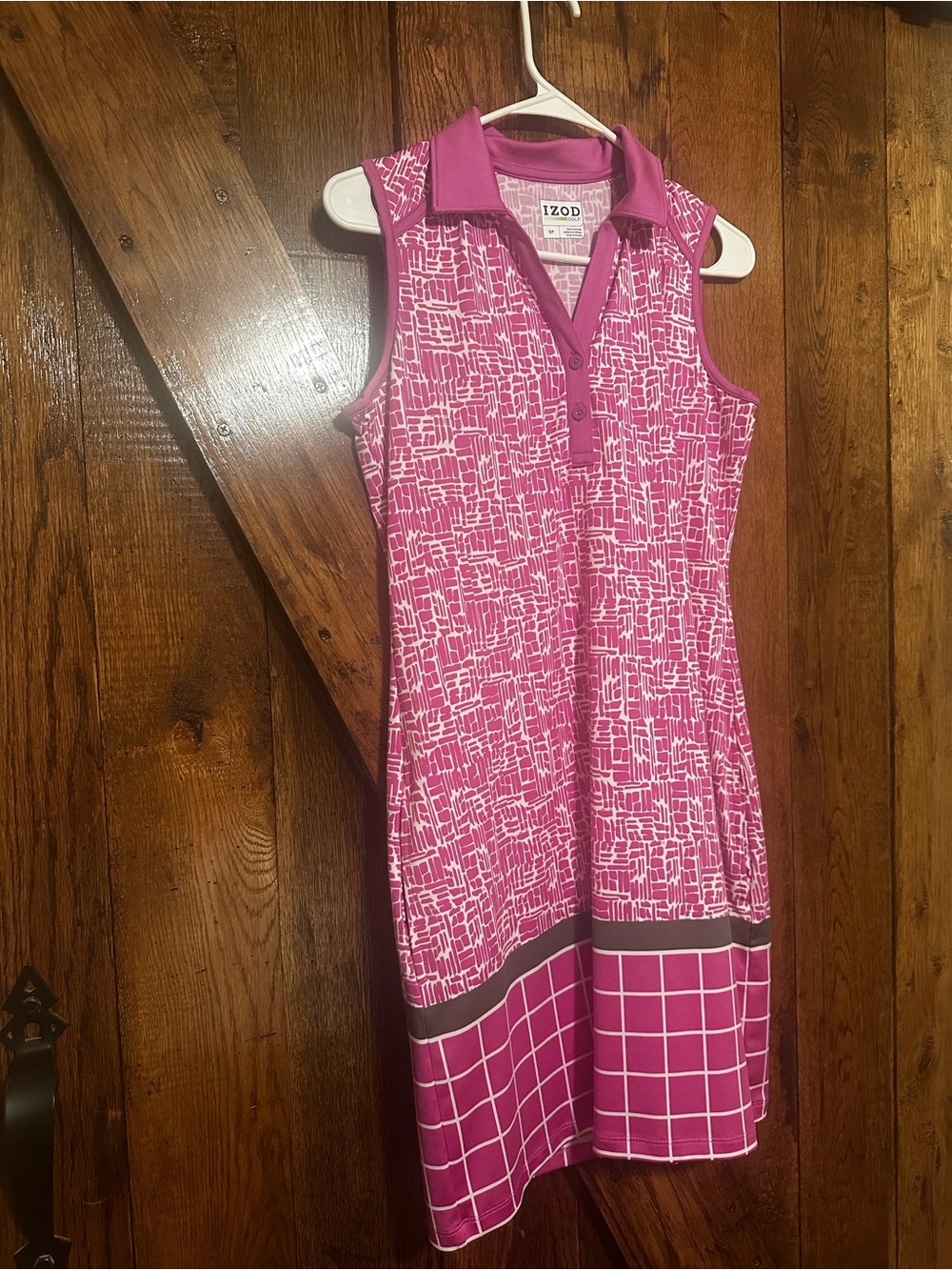 Izod Pink and White Sleeveless Polo Dress with Grid Hem